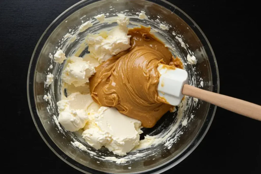 cream cheese and peanut butter being mixed in a bowl on a black table.
