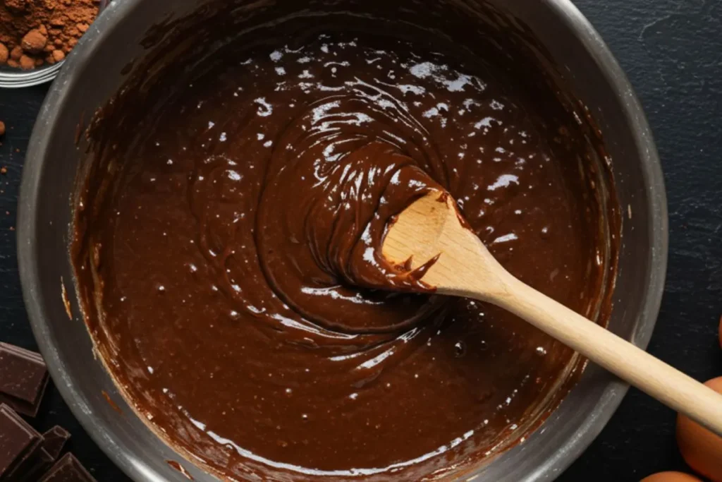 brownie batter being stirred on a black table with ingredients nearby