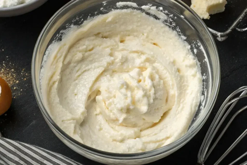 cheesecake filling in a bowl on a black table with mixing tools and ingredients.