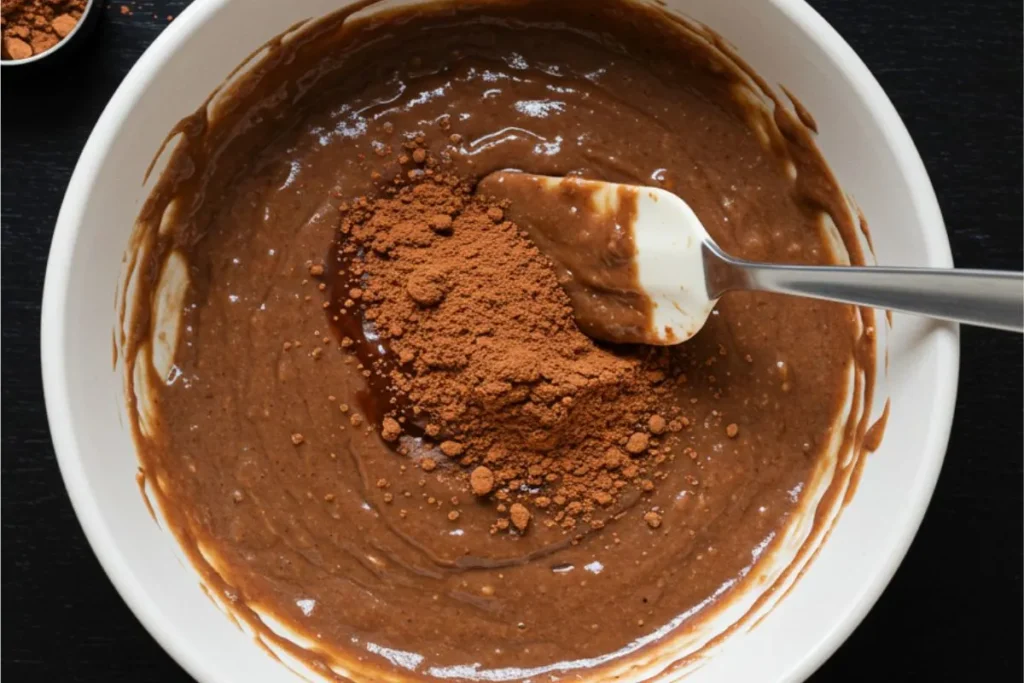 Top-down image of chocolate banana batter being mixed in a small bowl on a black table.