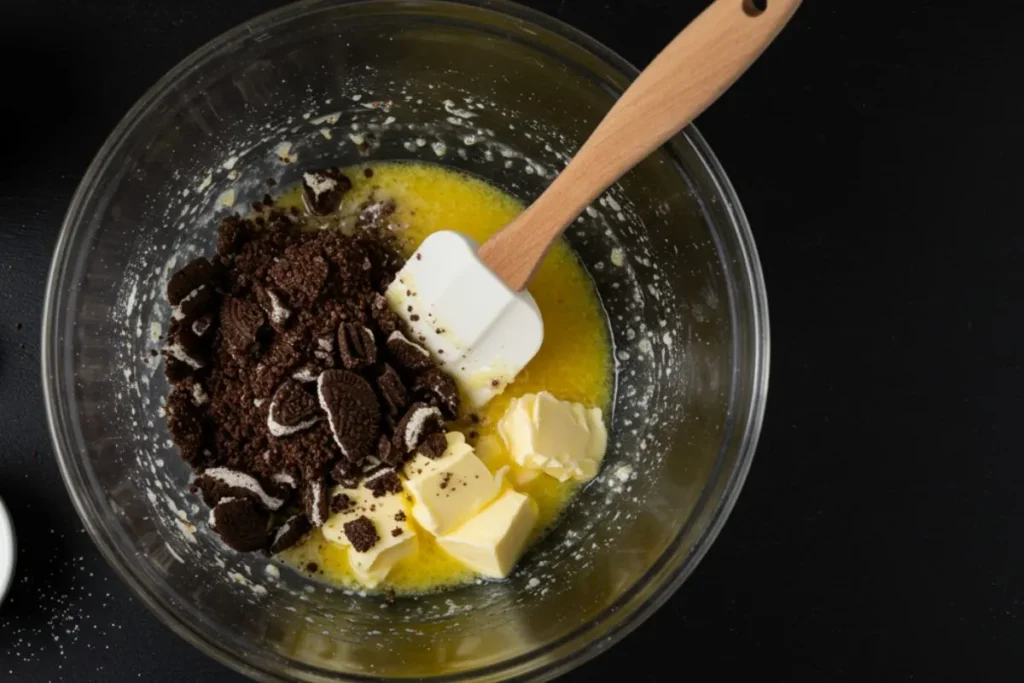 a mixing bowl with crushed chocolate cookies and melted butter being stirred on a black table.