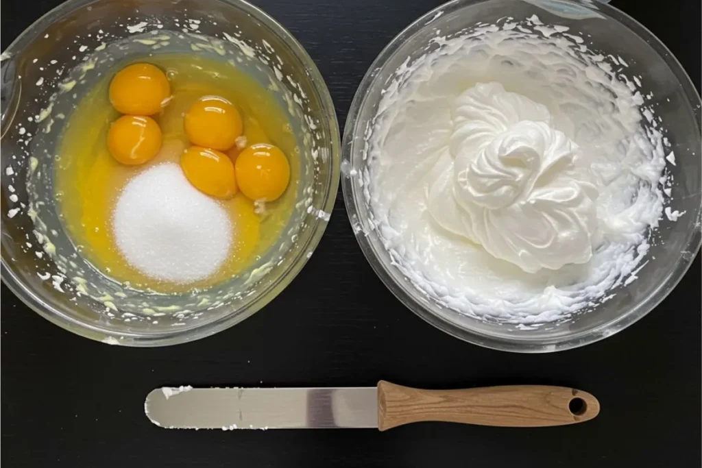 Top-down view of mascarpone cream being prepared in bowls on a black table with bright lighting.