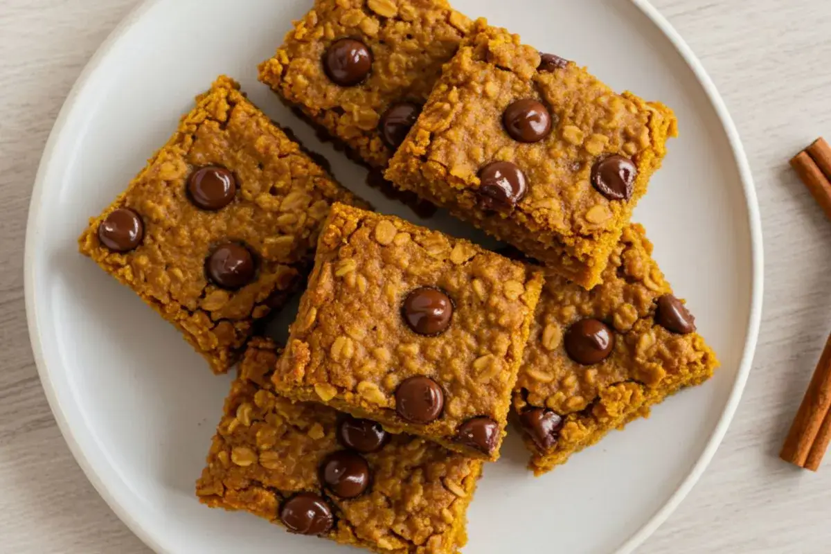 A pumpkin chocolate chip oatmeal bars on a white plate with cinnamon sticks.