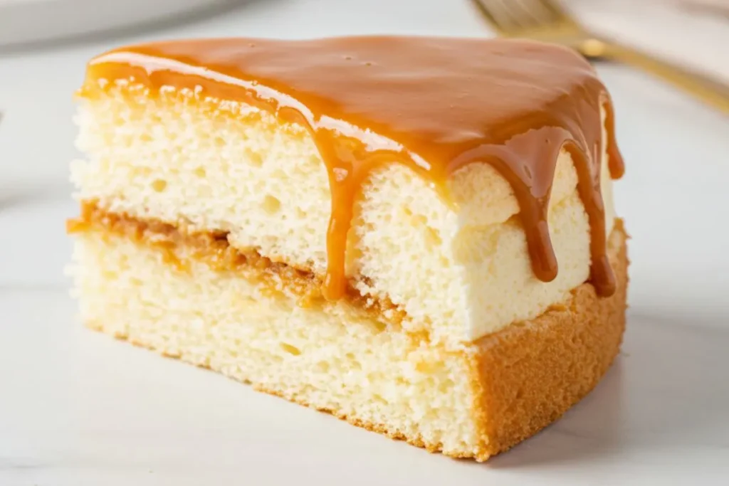 one slice of fluffy Caramel Cloud Cake with caramel frosting on a bright white table.
