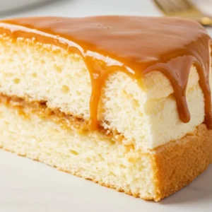 one slice of fluffy Caramel Cloud Cake with caramel frosting on a bright white table.