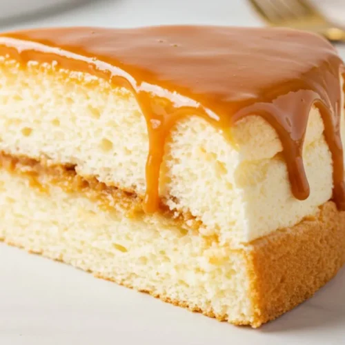one slice of fluffy Caramel Cloud Cake with caramel frosting on a bright white table.