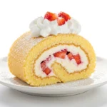 a slice of Sweet Strawberry Shortcake Cheesecake Roll showing detailed layers and fresh strawberries on a white plate.
