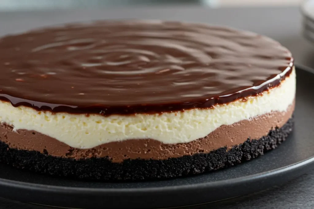 triple chocolate cheesecake with glossy chocolate glaze and distinct chocolate layers on a black plate under bright lighting.