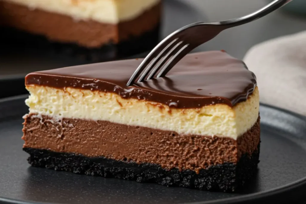 fork cutting into a slice of triple chocolate cheesecake, showing creamy layered textures and glossy ganache on a black plate.