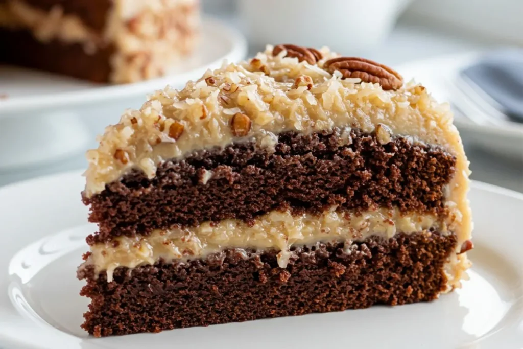 a slice of homemade German chocolate cake with thick coconut-pecan frosting and toasted pecans on a white plate, brightly lit.