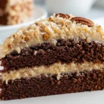 a slice of homemade German chocolate cake with thick coconut-pecan frosting and toasted pecans on a white plate, brightly lit.