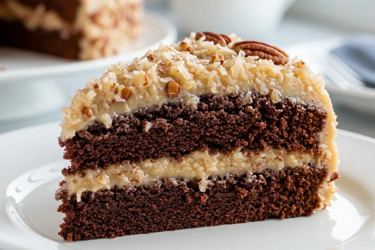a slice of homemade German chocolate cake with thick coconut-pecan frosting and toasted pecans on a white plate, brightly lit.