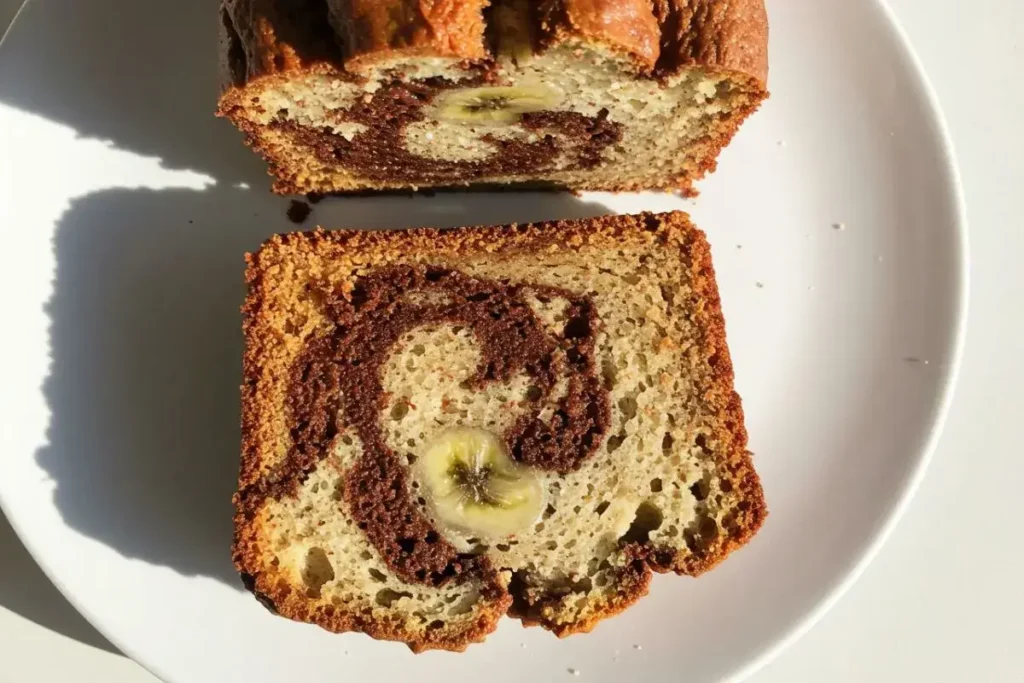 a sliced piece of vegan marbled banana bread showing chocolate swirls and moist texture on a bright white plate.