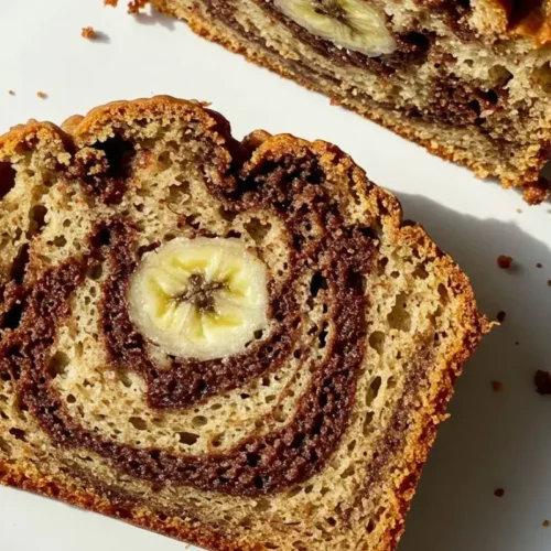 a sliced piece of vegan marbled banana bread showing chocolate swirls and moist texture on a bright white plate.