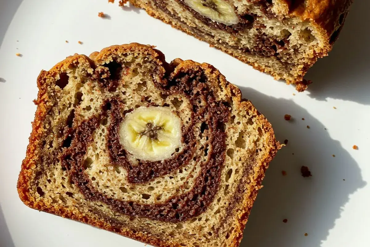 a sliced piece of vegan marbled banana bread showing chocolate swirls and moist texture on a bright white plate.