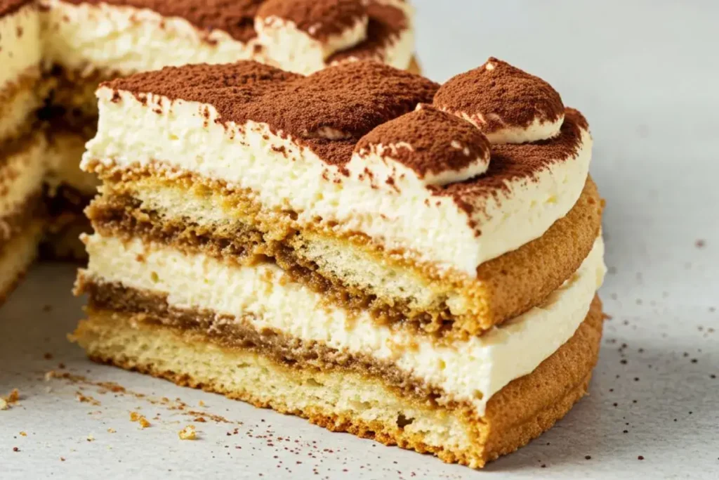 One slice of Classic Tiramisu Cake showing layered mascarpone and coffee-soaked ladyfingers.