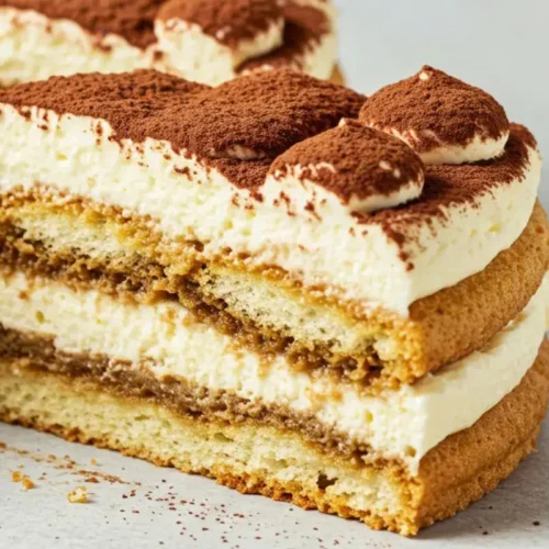 One slice of Classic Tiramisu Cake showing layered mascarpone and coffee-soaked ladyfingers.