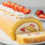 a whole Sweet Strawberry Shortcake Cheesecake Roll with visible layers of sponge, cheesecake, and strawberries on a white plate.