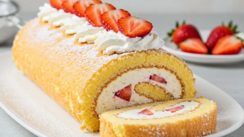 a whole Sweet Strawberry Shortcake Cheesecake Roll with visible layers of sponge, cheesecake, and strawberries on a white plate.