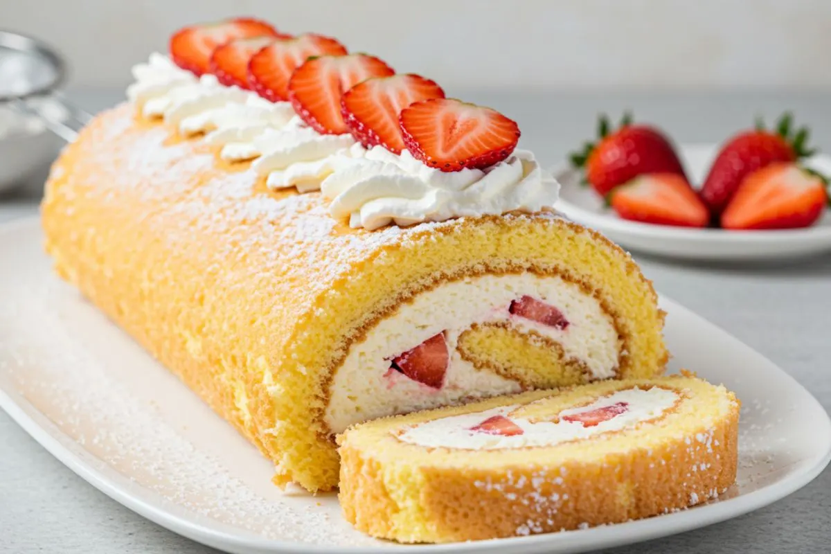 a whole Sweet Strawberry Shortcake Cheesecake Roll with visible layers of sponge, cheesecake, and strawberries on a white plate.