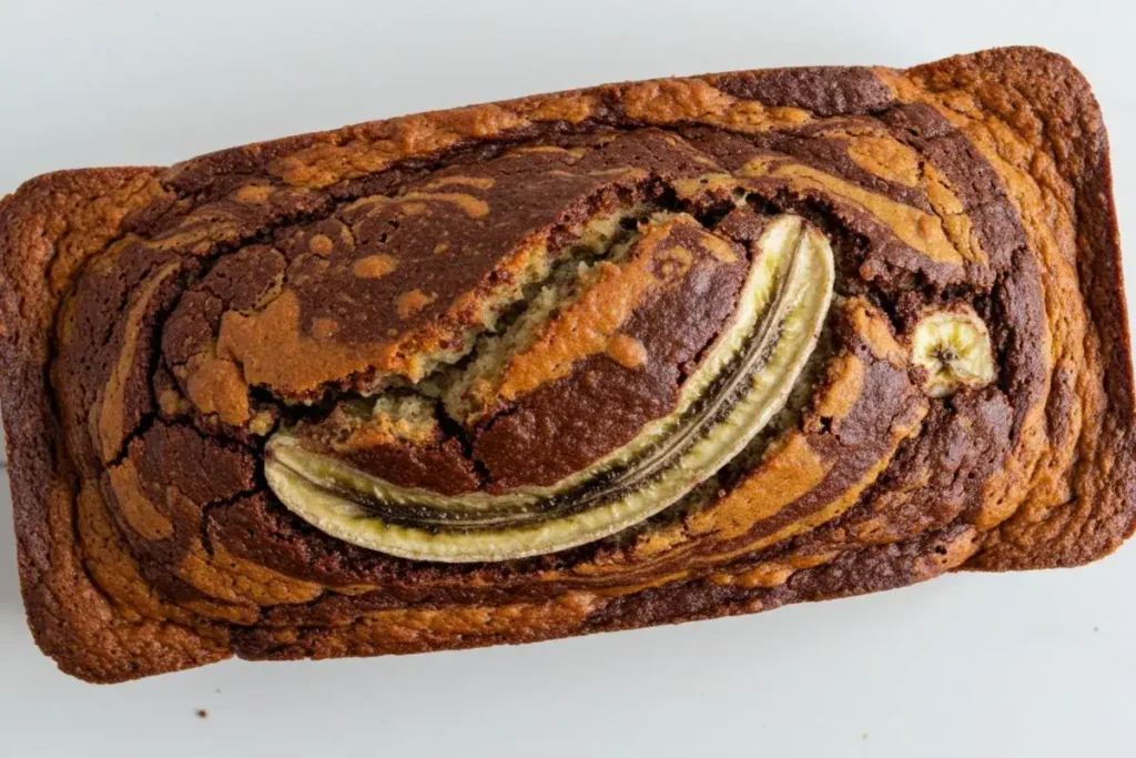 a whole vegan marbled banana bread loaf with visible chocolate swirls on a bright white background.