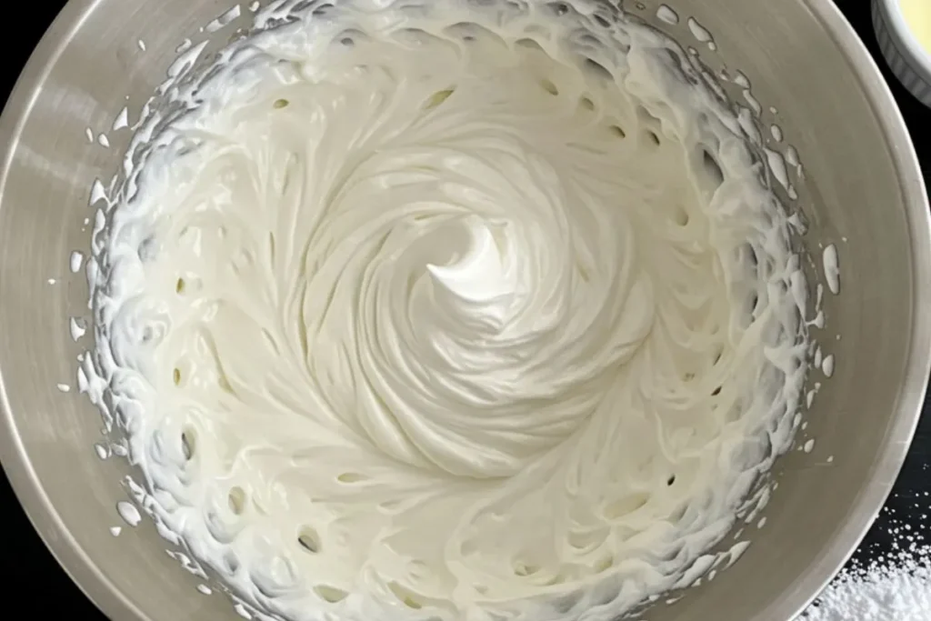 stiffly whipped cream in a metal bowl with whisk on black table.