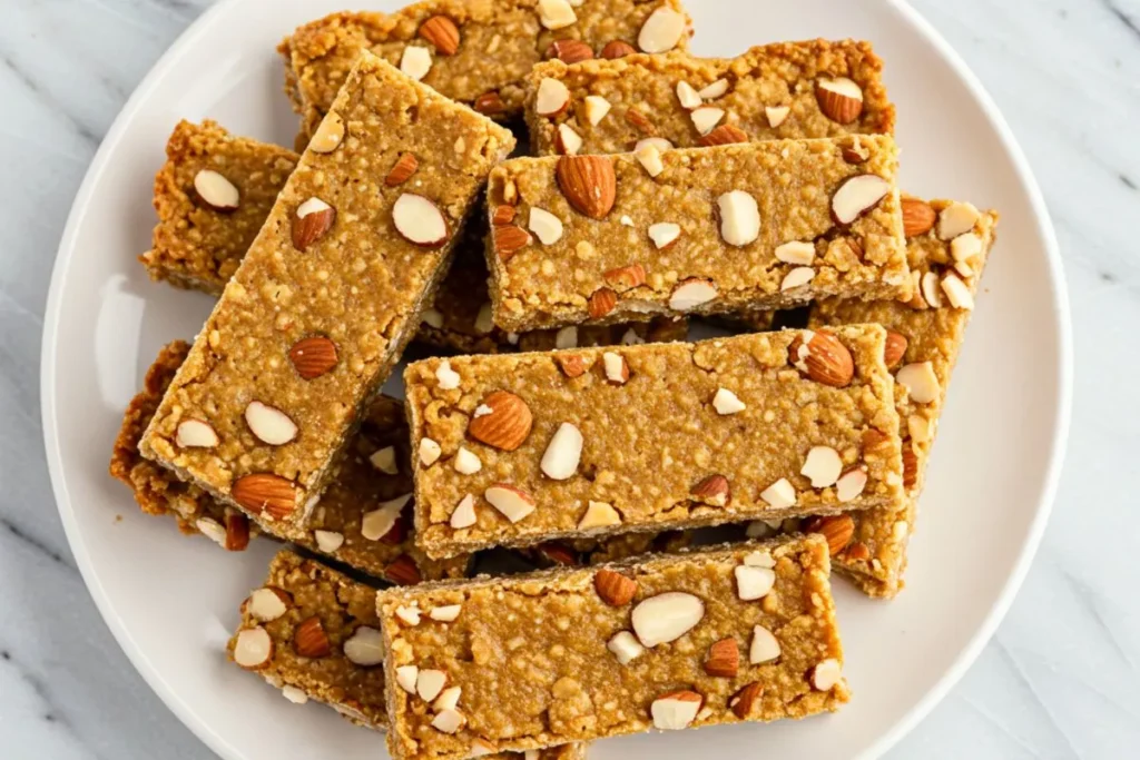 Almond coconut protein bars with visible coconut flakes and chopped almonds displayed on a white ceramic plate from a top-down perspective