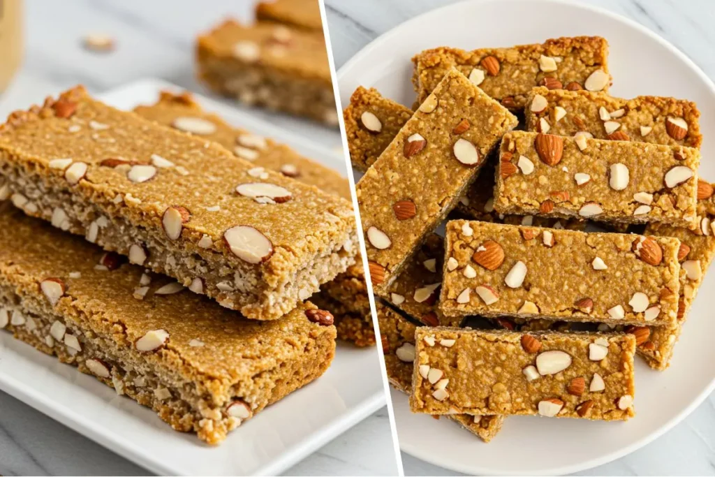 Almond coconut protein bars with visible coconut flakes and chopped almonds displayed on a white ceramic plate from a top-down perspective