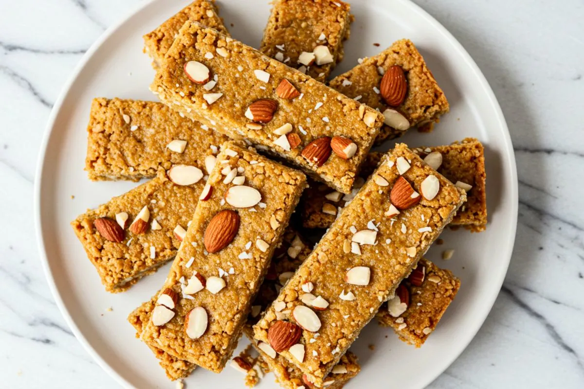 Almond coconut protein bars with visible coconut flakes and chopped almonds displayed on a white ceramic plate from a top-down perspective