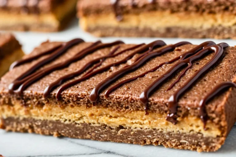 Homemade chocolate peanut butter protein bars arranged on a white plate, photographed from above on a marble surface with natural lighting