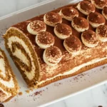 tiramisu swiss roll sliced on white plate, coffee-mascarpone spiral, cocoa powder dusting, marble surface, elegant presentation