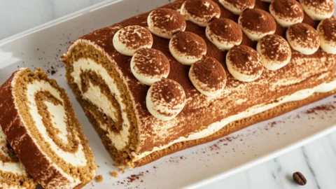 tiramisu swiss roll sliced on white plate, coffee-mascarpone spiral, cocoa powder dusting, marble surface, elegant presentation