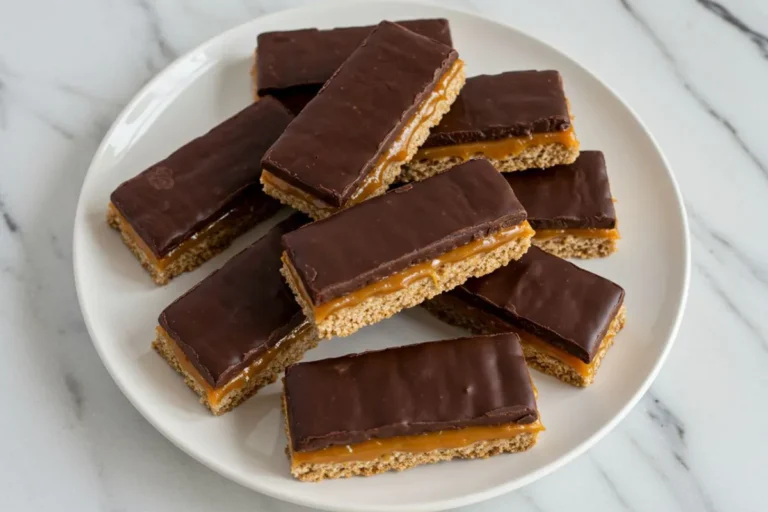 homemade healthy Twix bars on a white dessert plate