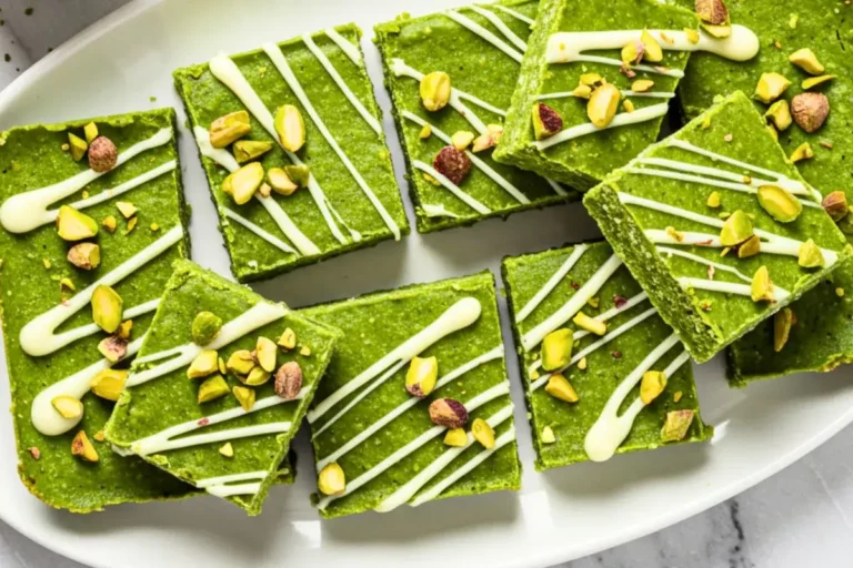 Bright Matcha Green Tea Protein Bars with white chocolate drizzle and pistachio pieces displayed on a white ceramic plate
