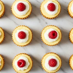 Mini Egg Cheesecakes arranged on white marble surface with whipped cream and raspberry toppings, showing golden graham cracker crusts and creamy texture