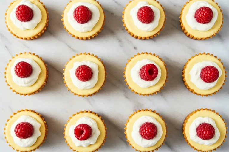 Mini Egg Cheesecakes arranged on white marble surface with whipped cream and raspberry toppings, showing golden graham cracker crusts and creamy texture