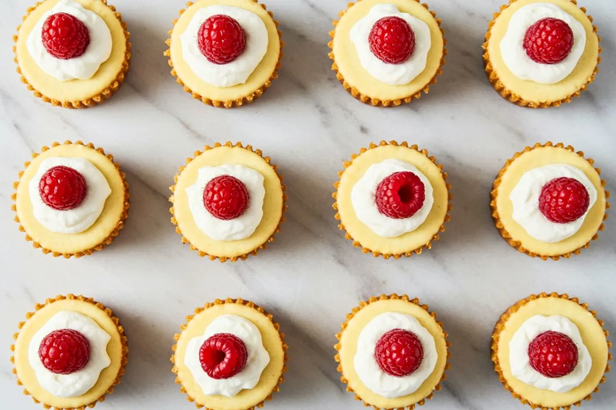 Mini Egg Cheesecakes arranged on white marble surface with whipped cream and raspberry toppings, showing golden graham cracker crusts and creamy texture