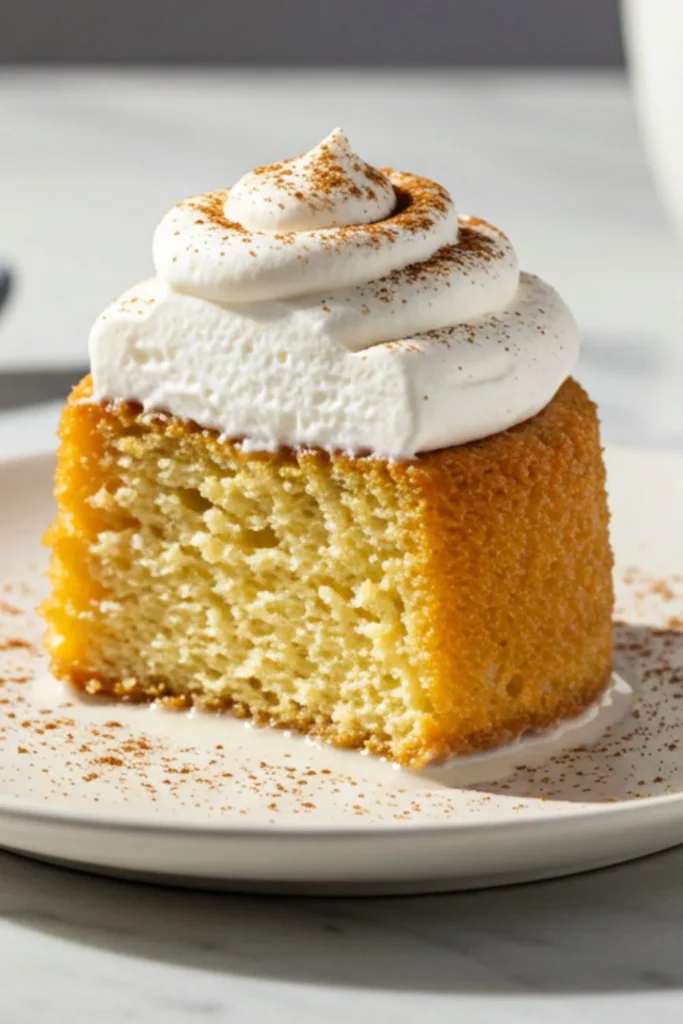 Single mini tres leches cake on white plate showing cross-section of golden sponge soaked with creamy milk mixture and whipped cream topping