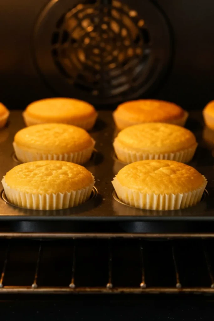 Mini sponge cakes baking in muffin tin inside oven with golden tops rising, before the tres leches milk soaking process begins