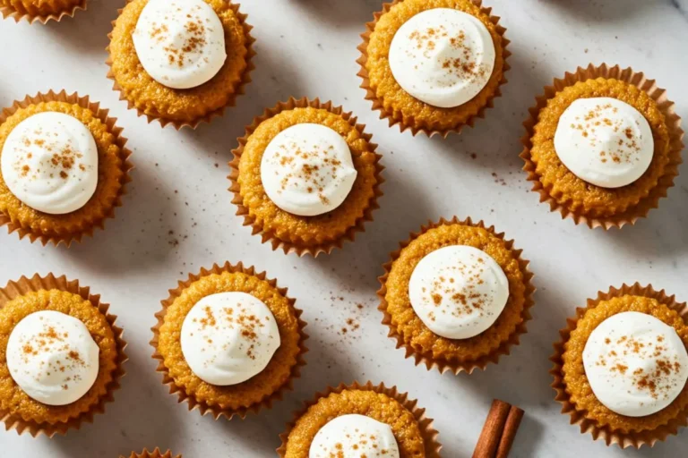 Mini Tres Leches Cakes arranged on white marble - 12 golden sponge cakes soaked in three milks, topped with whipped cream and cinnamon dust