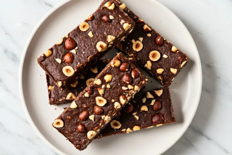 Dark brown mocha espresso protein bars topped with crushed hazelnuts, arranged on a white plate and photographed from above