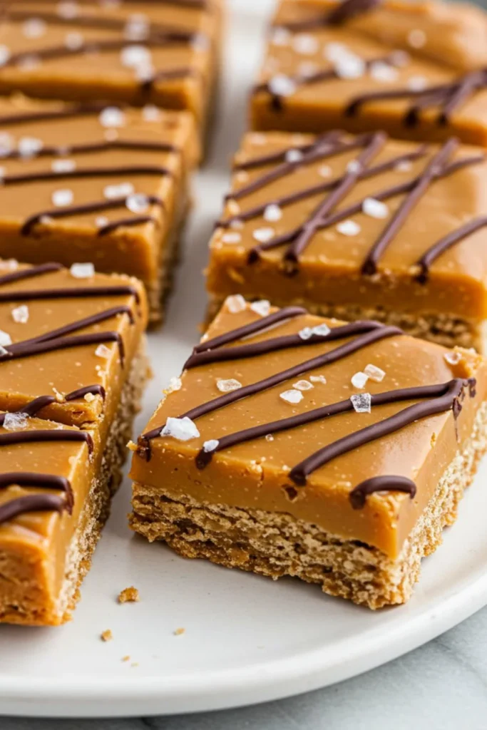 Golden brown salted caramel protein bars with dark chocolate drizzle and sea salt crystals, arranged on a white plate