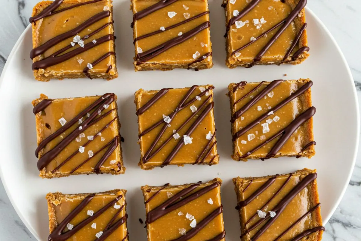 Golden brown salted caramel protein bars with dark chocolate drizzle and sea salt crystals, arranged on a white plate