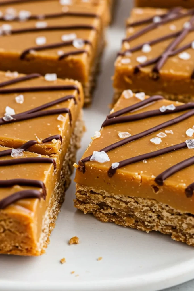 Golden brown salted caramel protein bars with dark chocolate drizzle and sea salt crystals, arranged on a white plate