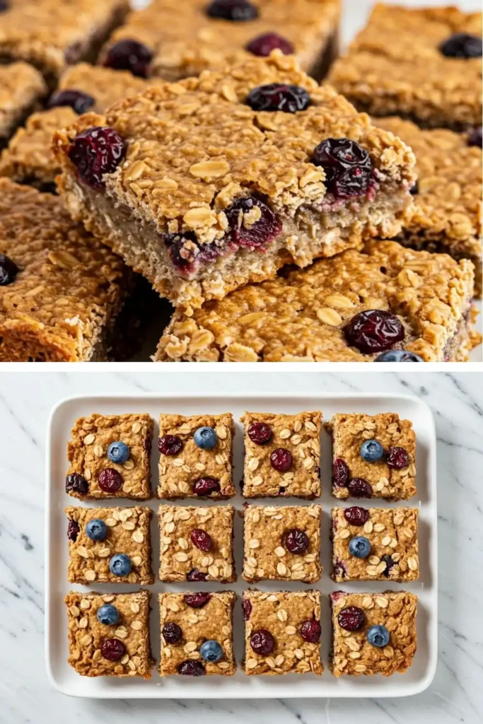 Square-cut berry oat protein bars with visible dried cranberries and blueberries arranged on a white plate, overhead view showing colorful fruit pieces
