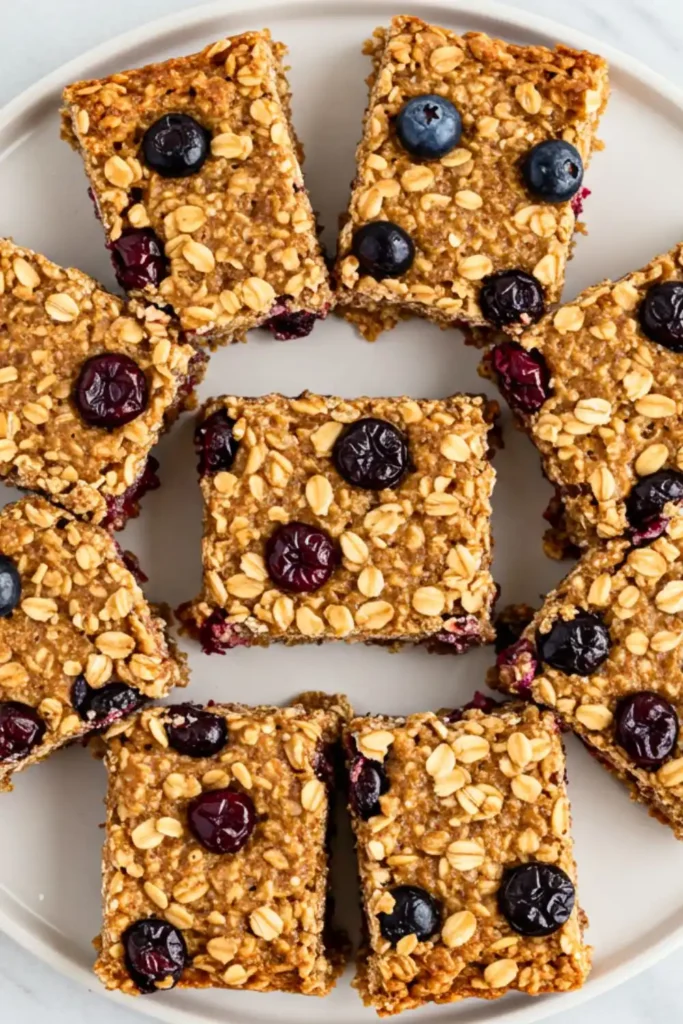 Square-cut berry oat protein bars with visible dried cranberries and blueberries arranged on a white plate, overhead view showing colorful fruit pieces