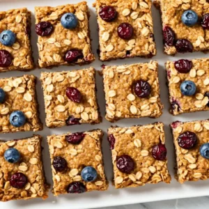 Square-cut berry oat protein bars with visible dried cranberries and blueberries arranged on a white plate, overhead view showing colorful fruit pieces