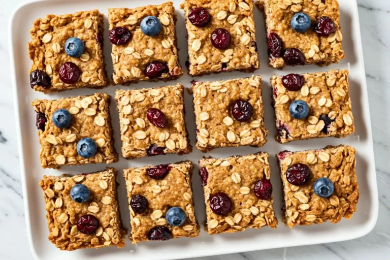 Square-cut berry oat protein bars with visible dried cranberries and blueberries arranged on a white plate, overhead view showing colorful fruit pieces