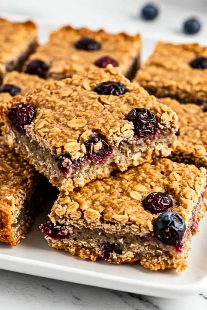Square-cut berry oat protein bars with visible dried cranberries and blueberries arranged on a white plate, overhead view showing colorful fruit pieces