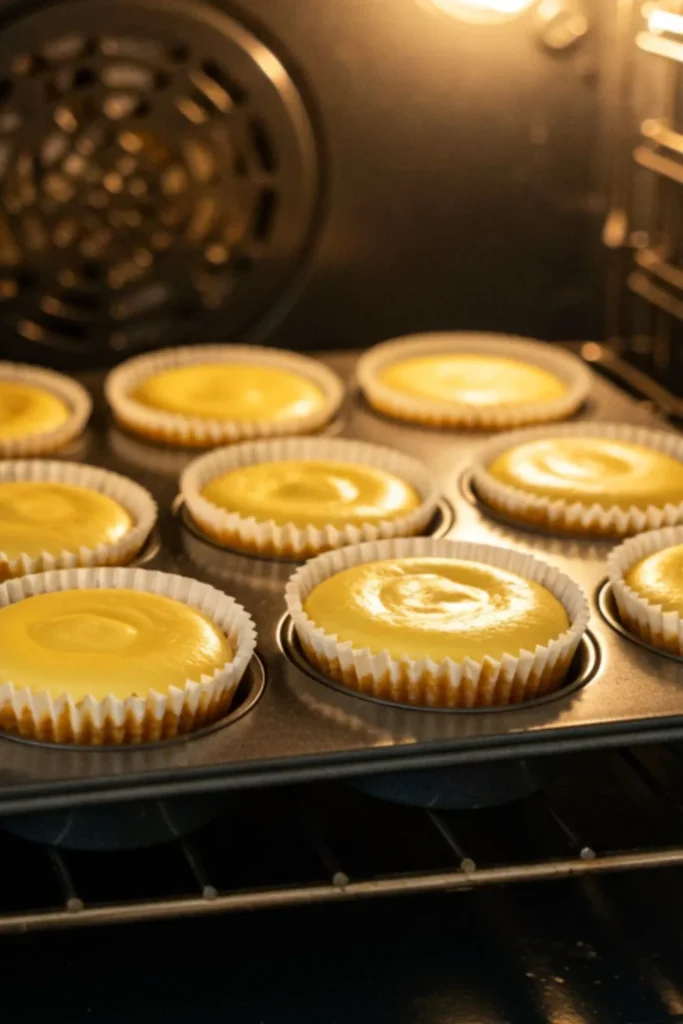 Mini egg cheesecakes baking in muffin tin inside oven with creamy filling setting and edges firmed, illuminated by warm oven light